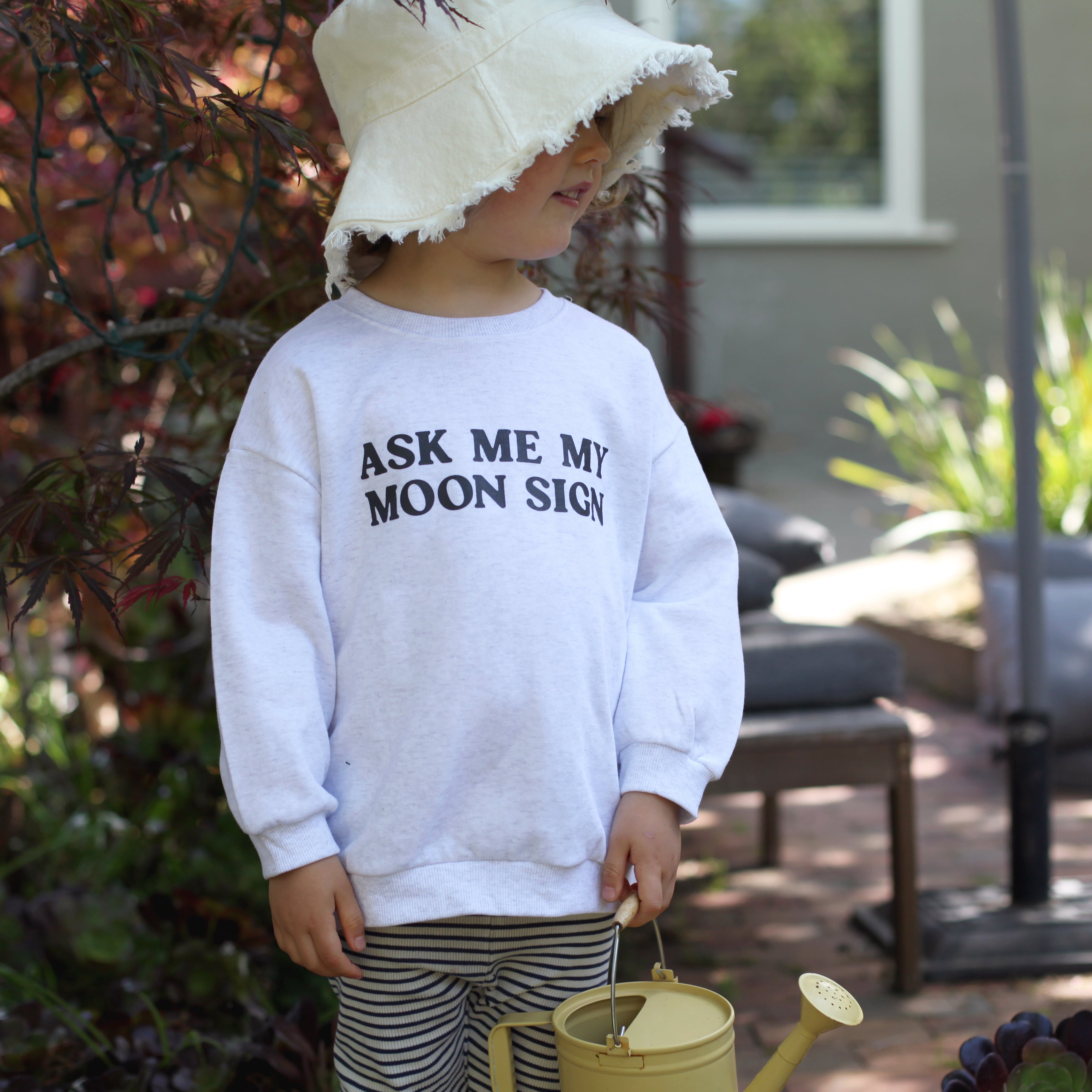 Zodiac astrology sweatshirt cotton for kids and toddlers. Big bold type that says ask me my moon sign. gift.