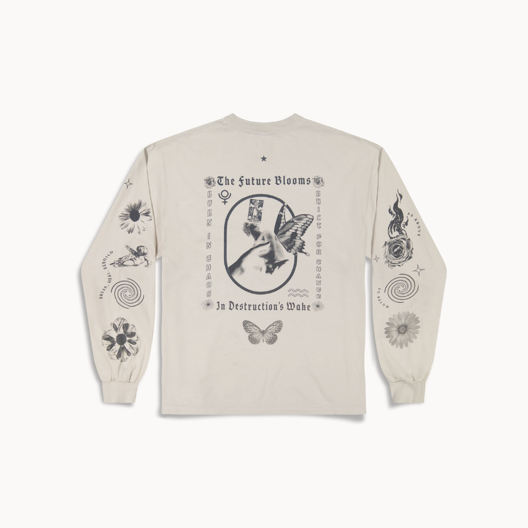 Unisex long-sleeve cotton tee with 'Pluto in Aquarius' text, symbolizing astrological transformation, cement, grey, heavy cotton, 100% cotton, made in USA, astrology, zodiac gift, trippy cool design