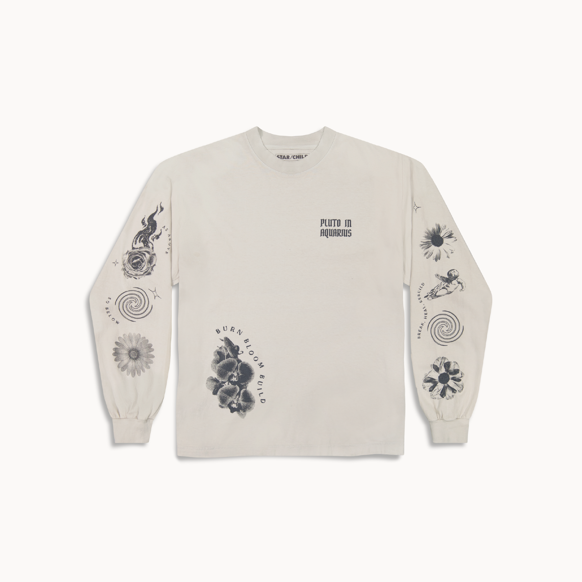 Unisex long-sleeve cotton tee with 'Pluto in Aquarius' text, symbolizing astrological transformation, cement, grey, heavy cotton, 100% cotton, made in USA, astrology, zodiac gift, trippy cool design