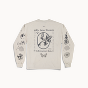 Unisex long-sleeve cotton tee with 'Pluto in Aquarius' text, symbolizing astrological transformation, cement, grey, heavy cotton, 100% cotton, made in USA, astrology, zodiac gift, trippy cool design