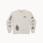 Unisex long-sleeve cotton tee with 'Pluto in Aquarius' text, symbolizing astrological transformation, cement, grey, heavy cotton, 100% cotton, made in USA, astrology, zodiac gift, trippy cool design