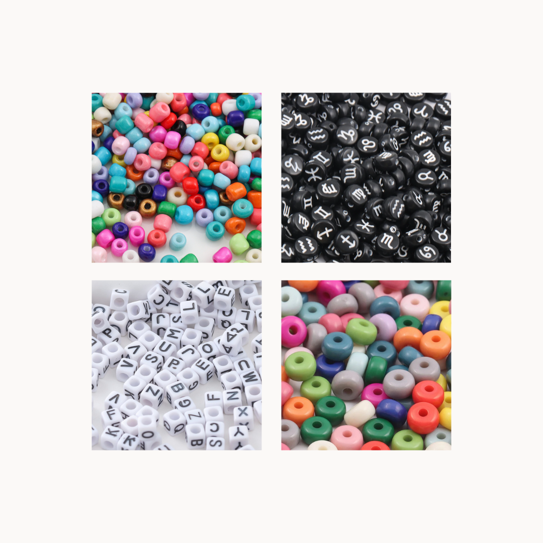 Zodiac Bead Kit featuring colorful beads, alphabet letters, zodiac symbols, clip, and stretchy cord for DIY astrology bracelets, sun sign, moon sign, taylor swift bracelet, friendship, kid, teen, creative astrology gift