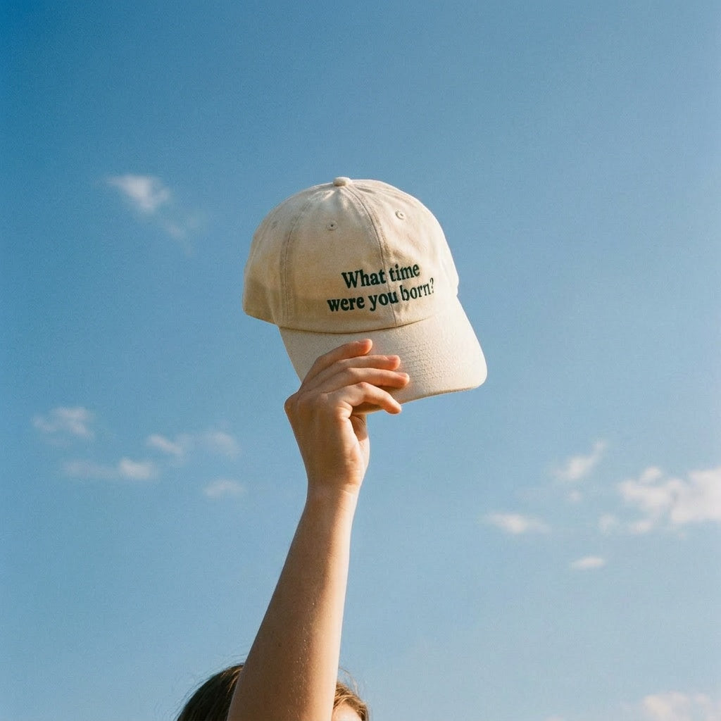 Hand holding a beige cap with text against a blue sky what time where you born astrology gift